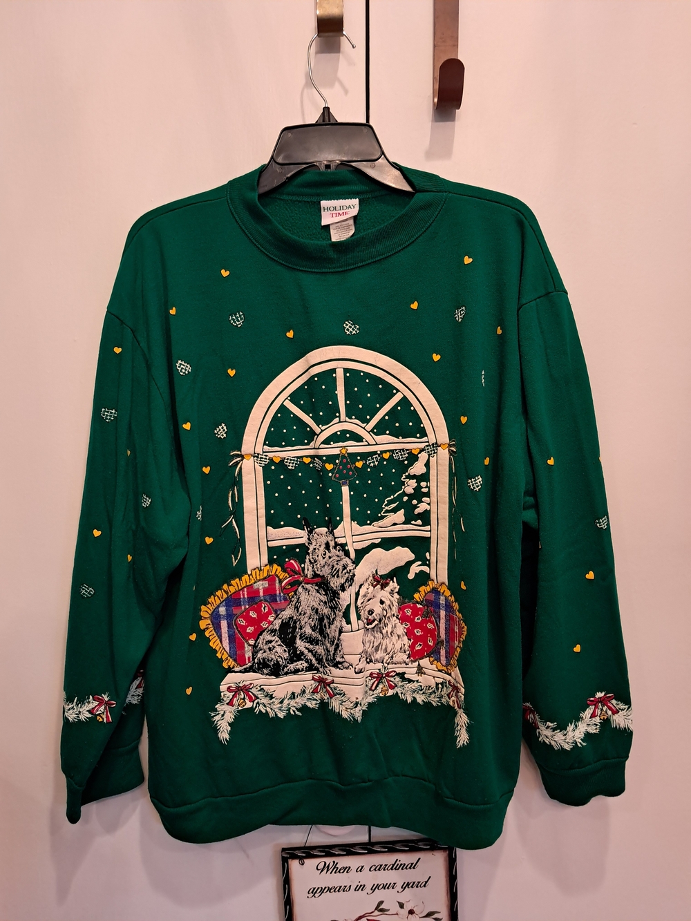 Holiday Time Green Christmas Window Dogs Crewneck Sweater